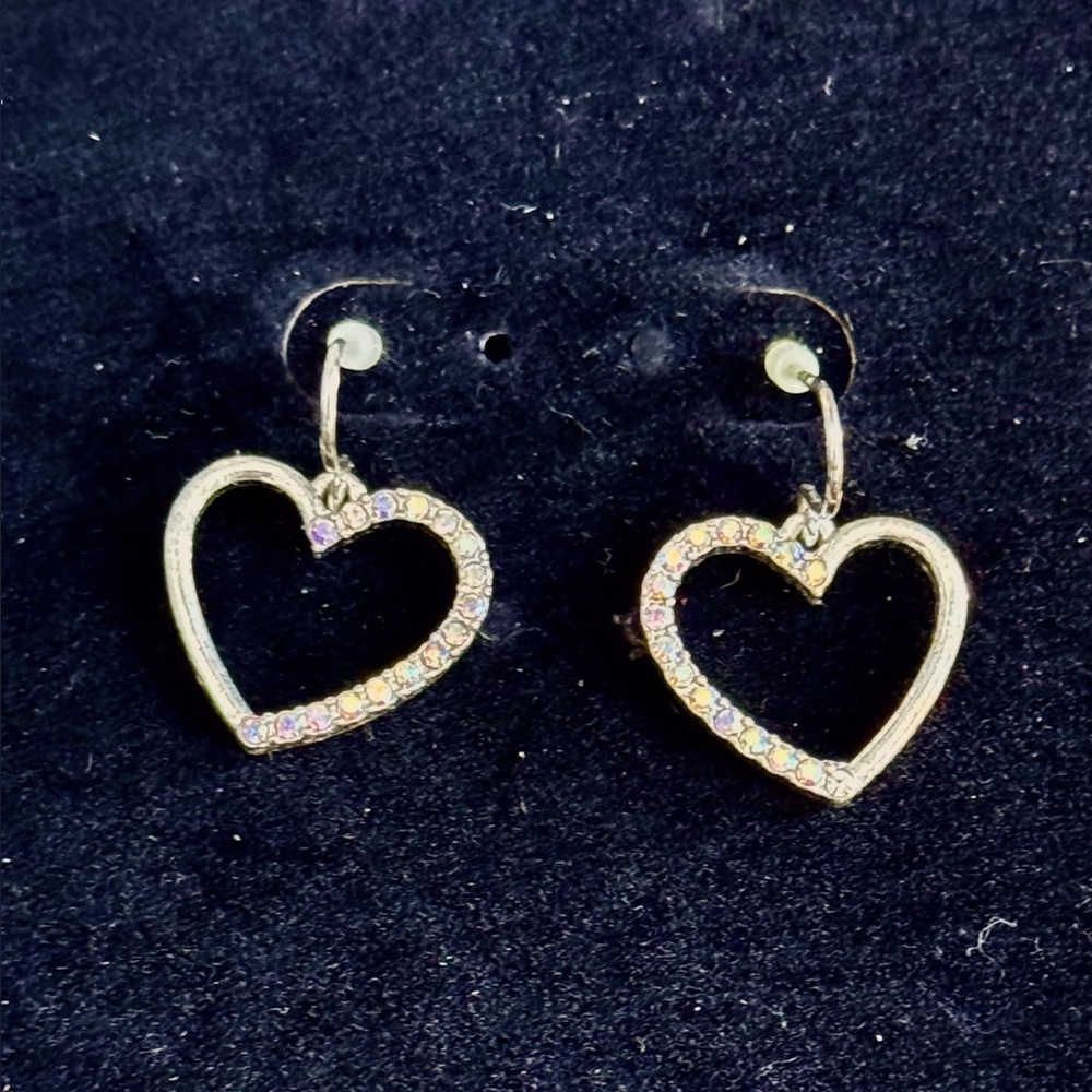 Sparkling Silvertone Heart Hoop Earrings with pink rhinestones for pierced ears
